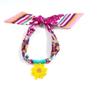 Floral print silk scarf necklace featuring blue beads and a yellow crochet sunflower charm - Fresh Sunflower Bow Style (11-03-7)