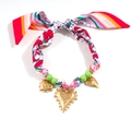 Detail of colorful silk scarf necklace with green beads and vintage gold heart pendant - Vintage Heart Sun Eye Style (11-03-5)