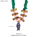 Ethnic necklace with blue dot stone fish pendant and pink heart on green fabric cord - Blue Dot Stone Big Fish Style (11-11-01)