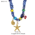 Bohemian blue paisley scarf necklace with evil eye beads, starfish and seashell charms - Blue Printed Bandana Style (12-3-2)