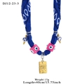 Blue paisley fabric necklace featuring pink square evil eye resin bead and gold charms - Rectangular Totem Pendant Fabric Style (DJ12-23-3)