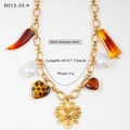 Collana a catena in acciaio dorato con ciondoli a cuore leopardato e occhio di tigre - Stile Misto Corno Rosso in Acciaio Inossidabile (12-32-4)