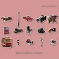 Détails d'autocollants PET de transport rétro avec voitures classiques et trains - Plateforme d'Extrême-Orient
