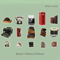 Vue macro de 15 autocollants de machines à écrire rétro et livres anciens pour scrapbooking - Cabinet de l'Ecrivain