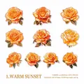 Pegatinas de rosas naranjas con estampado dorado para scrapbooking DIY, set de 10 piezas - Resplandor del Atardecer