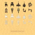 Vintage hollow material paper with Victorian chairs, lamps and birdcage icons - Old Manor Memories