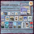 Set de 40 pegatinas de sellos postales urbanos para manualidades sobre fondo de madera azul - Contorno de la Ciudad