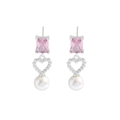 Pink rectangular zircon heart-shaped silver earrings with elegant white pearls - Pink Rhinestone Heart Artificial Pearl / 925 Silver