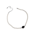 Collar de plata S925 con perlas blancas y un colgante ovalado de ágata negra - Collar de Ágata Negra Perla Artificial / Plata 925