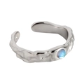 Minimalistischer S925 Sterlingsilber Ring mit Mondstein und unregelmäßiger Textur - Einstellbar Offen / Weißgold