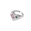 Anello a cuore minimalista in argento S925 con zircone rosa e gemma a stella verde - Aperto Regolabile / Oro Bianco