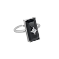 S925 Silberring mit rechteckigem schwarzem Edelstein und kleinem zentralem Diamanten - Einstellbar Offen / Weißgold
