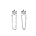 Elegant S925 sterling silver flower earrings with hanging fringe chains and zircon center - 925 Silver / White Gold