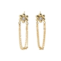 Golden flower petal earrings with dangling chains and sparkling white zircon inlays - 925 Silver / 18K Gold