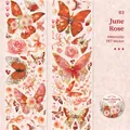 Cinta decorativa PET June Rose con mariposas doradas láser e ilustraciones de flores - Rosa de Junio