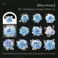 Blue peony floral PET stickers with gold foil accents for scrapbooking, 10-piece set - Blue Peony