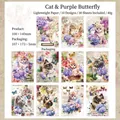 Vintage χαρτί scrapbooking σειράς Garden Cat με γάτες και λουλουδάτα μοτίβα - Γάτα Και Μωβ Πεταλούδα