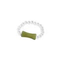 Minimalist S925 sterling silver beaded stretch ring with green bamboo-style cylinder charm - US 9 / Silver