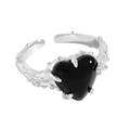 Bague ajustable en argent S925 style épines avec une pierre en cœur noir - Taille 14 (Réglable) / Cœur en Agate Noire (JZ609-Agate Noire)