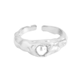Anello aperto in argento S925 con trama increspata e perla centrale dal design minimalista - US 13 / Oro Bianco