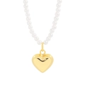Elegant white pearl necklace featuring a polished golden 3D heart-shaped pendant charm - 925 Silver / Gold