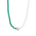 Elegant asymmetric S925 silver necklace with green crystal beads and round white pearls - 925 Silver / Platinum (XL405)