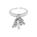 Minimalistischer S925 Sterlingsilber Ring mit hängenden Metallperlen und weißen Perlen - Größe 14 (Offen Verstellbar) / Weißgold