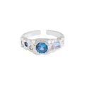 Anello aperto in argento S925 con trama irregolare, zircone blu e pietra di luna - Misura 15 (Aperto Regolabile) / Oro Bianco