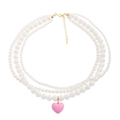 Three-layer pearl necklace with pink enamel heart pendant and golden hardware for women - 925 Silver / 18K Gold