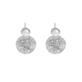 S925 silver pearl stud earrings with engraved cartoon character round metal pendants - 925 Silver / White Gold Color (ES531)