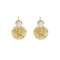 Gold plated S925 silver earrings with textured round disk and white pearl drop - 925 Silver / 18K Gold Color (ES531)