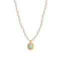 S925 silver necklace with white pearls and gold sunburst opal pendant on white background - 925 Silver / 18K Gold (XL469)