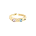 Anillo dorado con textura irregular y detalles de circonita morada, azul y gris - Talla 13 (Ajustable) / Oro de 18K