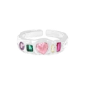 S925 sterling silver adjustable ring with colorful heart-shaped zirconia and hammered texture - Size 13 Adjustable Open / Silver