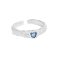S925 sterling silver lava texture open ring featuring a blue heart zircon gemstone - Size 14 (Open Adjustable) / Silver (JZ907-Silver)