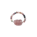 Elastic S925 silver ring with multi-color natural crystal beads and pink charm - Tourmaline Pixiu Style (JZ958)