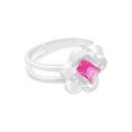 Anello a fiore in argento S925 con zircone rosa quadrato e design a doppia fascia - Aperto Regolabile / Argento