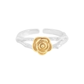 Anillo abierto de plata S925 con diseño de rama bicolor y una elegante rosa dorada - Talla 14 (Abierto Ajustable) / Plata + Oro 18K