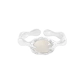 Minimalist S925 silver adjustable ring with oval white agate and wave texture - Size 13 (Adjustable Open) / White Gold