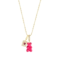 S925 silver beaded gold necklace with pink resin bear and heart zircon pendant - Red Bear (XL609-Red)
