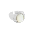 Minimalistischer S925 Silberring mit ovaler weißer Perlmutt Einlage und Wellenstruktur - Größe 13 (Verstellbar) / Weißgold