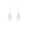 S925 silver hook earrings with white teardrop pearls and elegant gold flower caps - 925 Silver / ES704-18K Gold