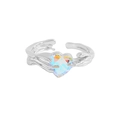 Anello in argento S925 minimalista con zircone a cuore colorato e design con texture - Taglia 14 (Aperto Regolabile) / Oro Bianco