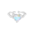 S925 Sterling silver open ring featuring an iridescent heart-shaped zircon gemstone - Size 13 (Adjustable) / Silver White Gold (JZ1215)