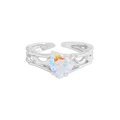 S925 sterling silver heart ring with pleated texture and colorful iridescent zircon stone - Size 13 (Adjustable) / Platinum Silver (Heart Iridescent Stone)