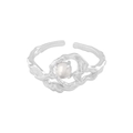 Irregular lava texture S925 sterling silver open ring with a white round pearl inlay - Size 13 (Adjustable) / White Gold