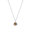 Elegant silver necklace featuring a round brown tiger eye stone pendant with textured frame - 925 Silver / Necklace (XL655-Platinum)