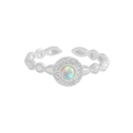 Minimalistischer S925 Silberring mit rundem Opal und strukturiertem Blattdesign - Größe 13 (Verstellbar) / Weißgold