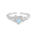 S925 sterling silver heart ring with moonstone and irregular lava texture finish - Size 14 (Open Adjustable) / White Gold (JZ1365)