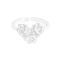 S925 sterling silver adjustable open ring featuring three carved camellia flowers in a heart shape - Size 13 (Adjustable) / Silver